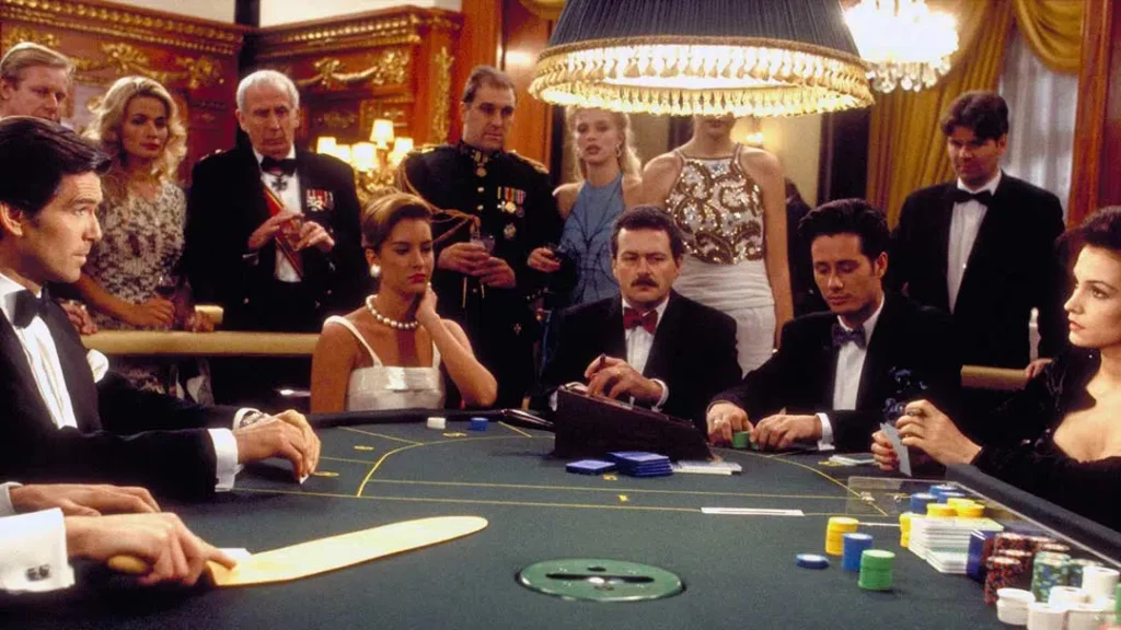 James Bond baccarat scene from a 007 film, players in tuxedos and evening gowns gathered around a casino table.