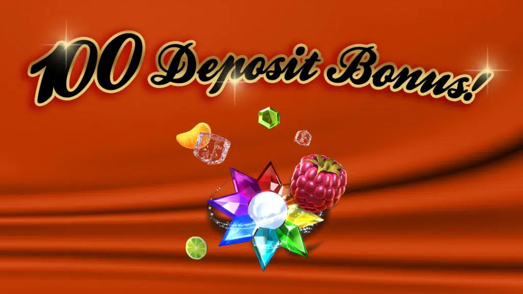Casino promotion banner showing 100 deposit bonus with colorful gems, fruits, and slot-style symbols on a red background.