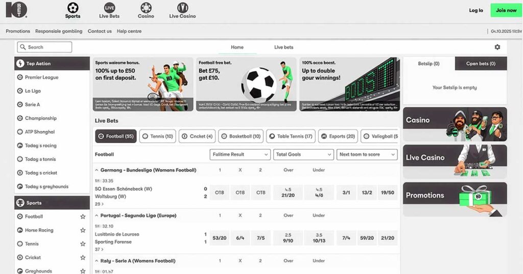 Screenshot of the 10bet Sports betting site interface featuring live football odds, betting options, and promotional banners for welcome bonuses and free bets.