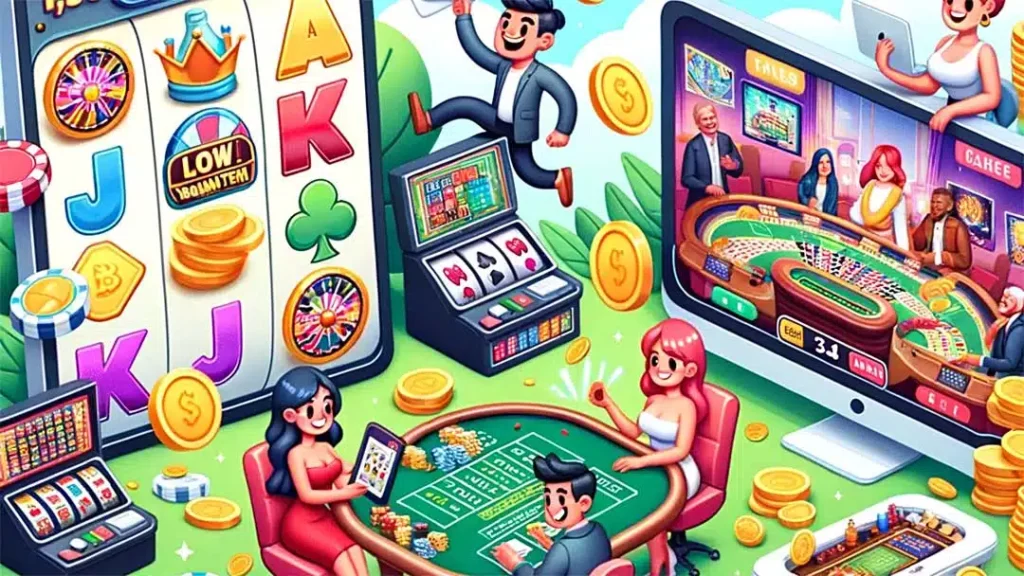 Colorful casino illustration with slots, roulette, and live dealer games highlighting no deposit bonuses.