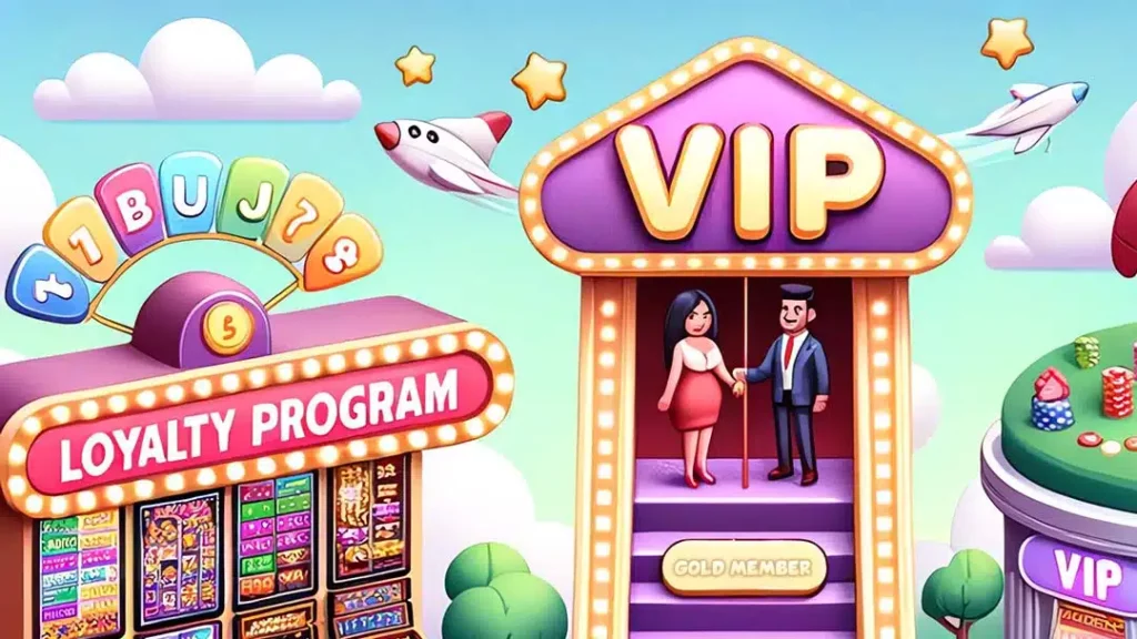Casino loyalty program and VIP rewards illustration showing slots, gold member perks, and exclusive bonuses.