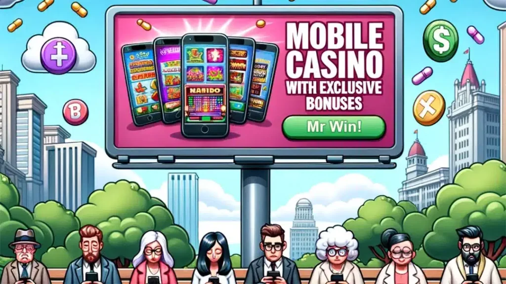 Mobile casino bonuses billboard showcasing exclusive offers for UK players with slot games displayed on smartphones.