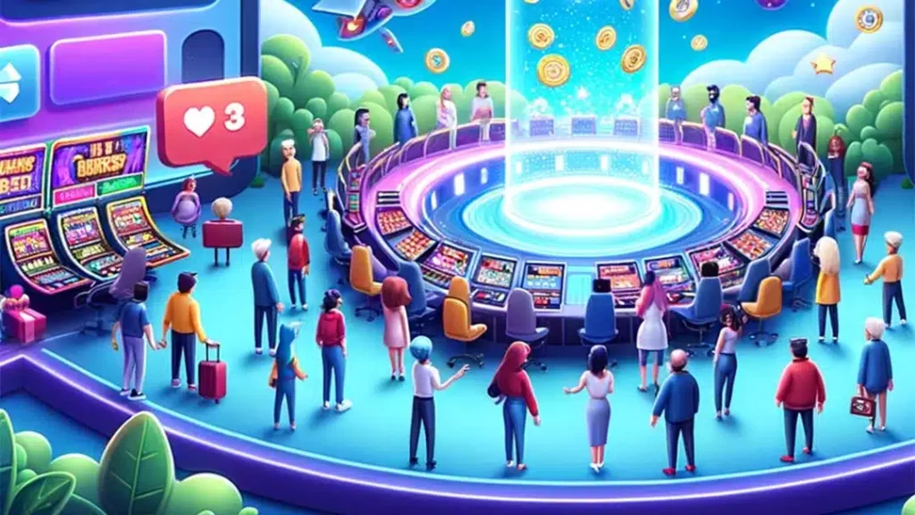 Colorful digital illustration of a futuristic casino tournament with players gathered around slot machines and bonus rewards, symbolizing casino bonuses and community engagement.
