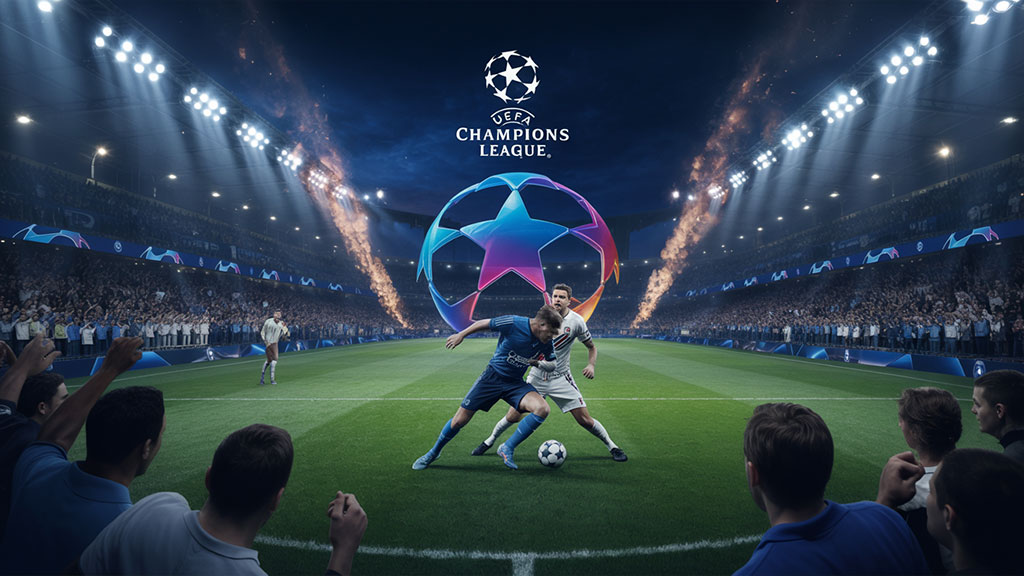 UEFA Champions League football match under stadium lights, with players competing and the iconic starball logo displayed above.