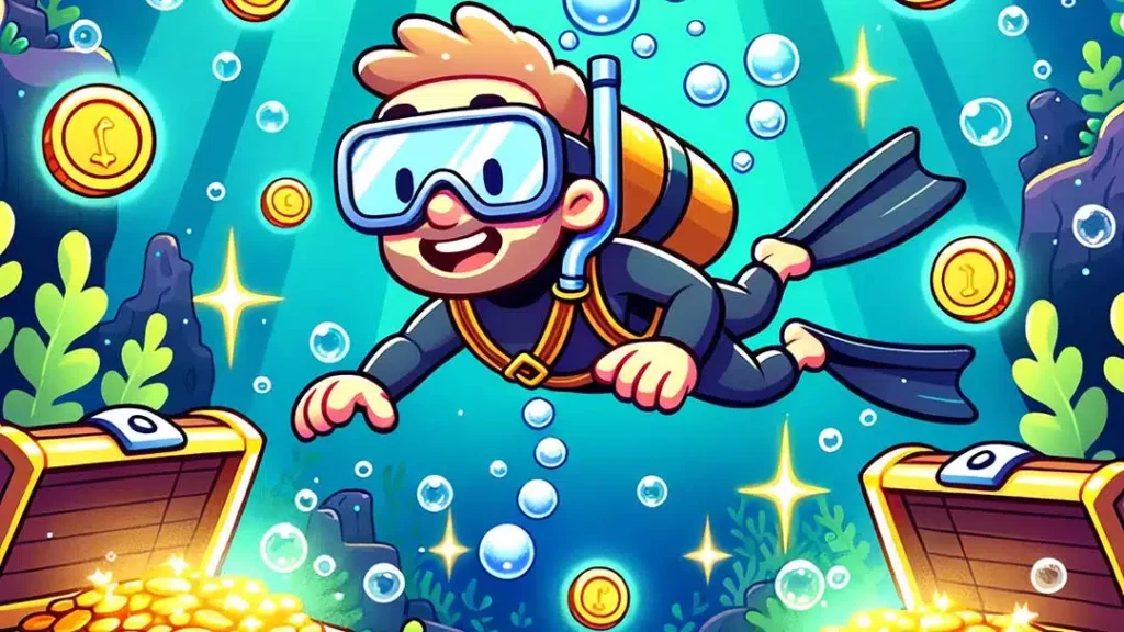 Cartoon diver discovering underwater treasure chests filled with gold coins, symbolizing no deposit bonus casinos attracting new players with free rewards.