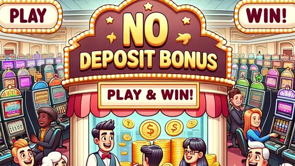 Colorful cartoon-style casino scene promoting “No Deposit Bonus” with players, slot machines, and gold coins, highlighting play and win offers at online casinos.sam