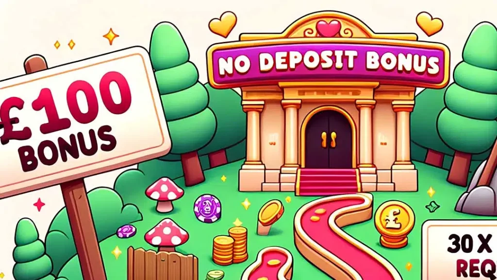 Illustration of a casino bonus house with a £100 sign, promoting no deposit bonus offers at online casinos.