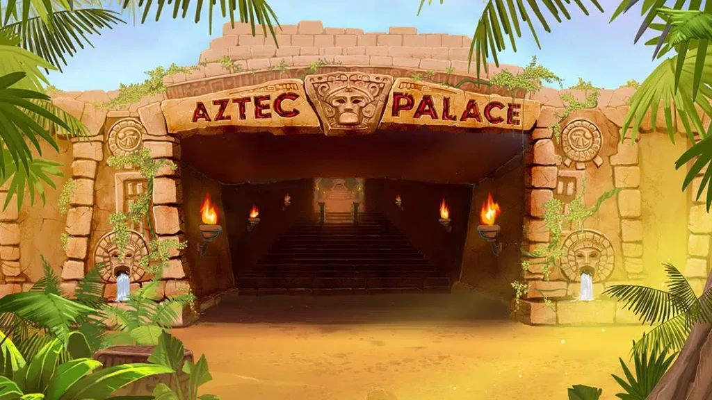 Entrance to Aztec Palace slot game showing a stone temple doorway with torches, vines, and carved Aztec symbols.