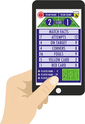 Hand som håller en smartphone med live fotbollsodds och matchresultat på skärmen.