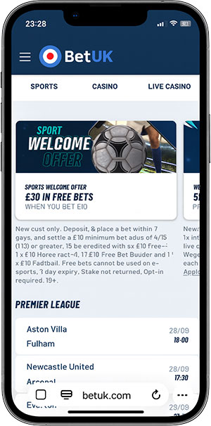 iPhone displaying the BetUK mobile site with a sports welcome offer (£30 in free bets when you bet £10) and Premier League betting odds for upcoming matches.