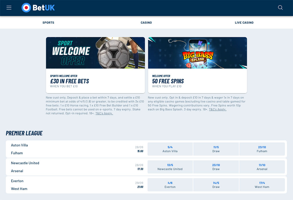 Screenshot of BetUK’s desktop site showing the sports welcome offer (£30 in free bets), a casino offer (50 free spins on Big Bass Splash), and Premier League betting odds for upcoming matches.