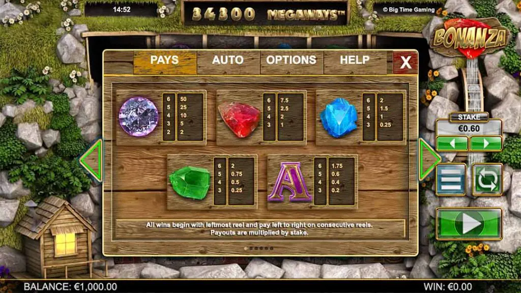 Bonanza Megaways slot paytable showing gemstone symbols and payouts, including diamond, ruby, emerald, sapphire, and letter A.
