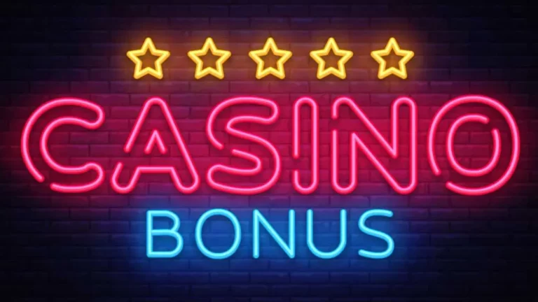 Neon casino bonus sign with five gold stars above, glowing red and blue text on a dark brick wall background.