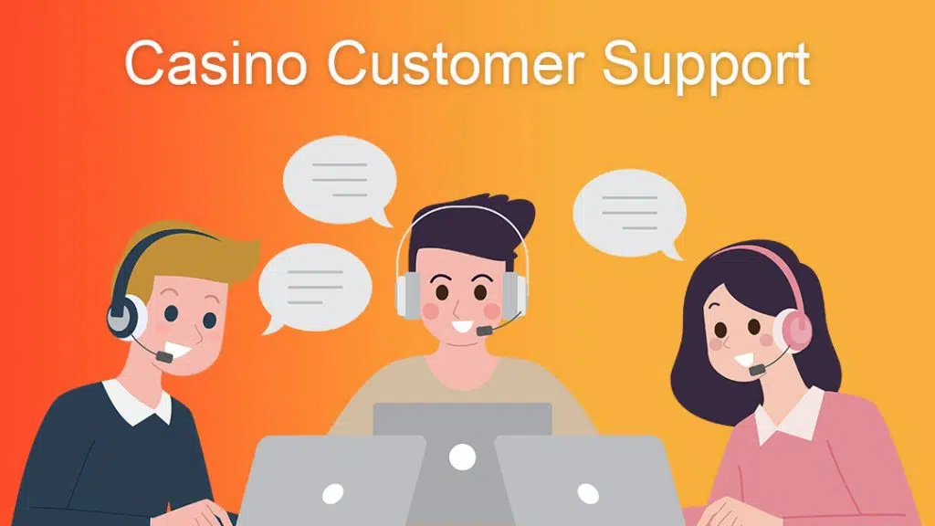 Illustration of online casino customer support team with headsets assisting players on laptops