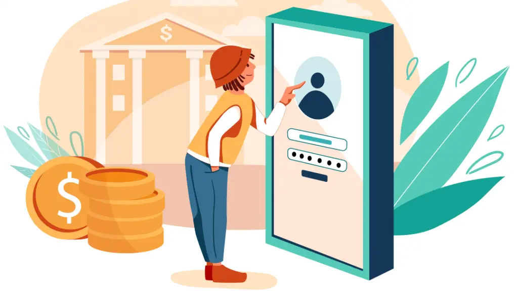 Illustration of a person using a digital payment terminal, representing Maestro Card as an online casino payment option.