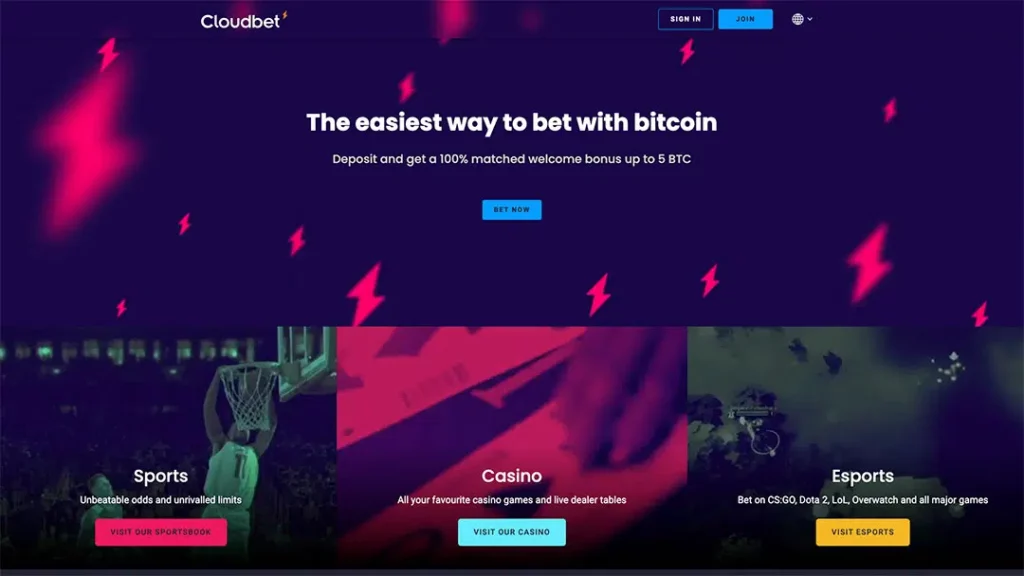 Cloudbet homepage promoting Bitcoin betting with sportsbook, casino, and esports options.