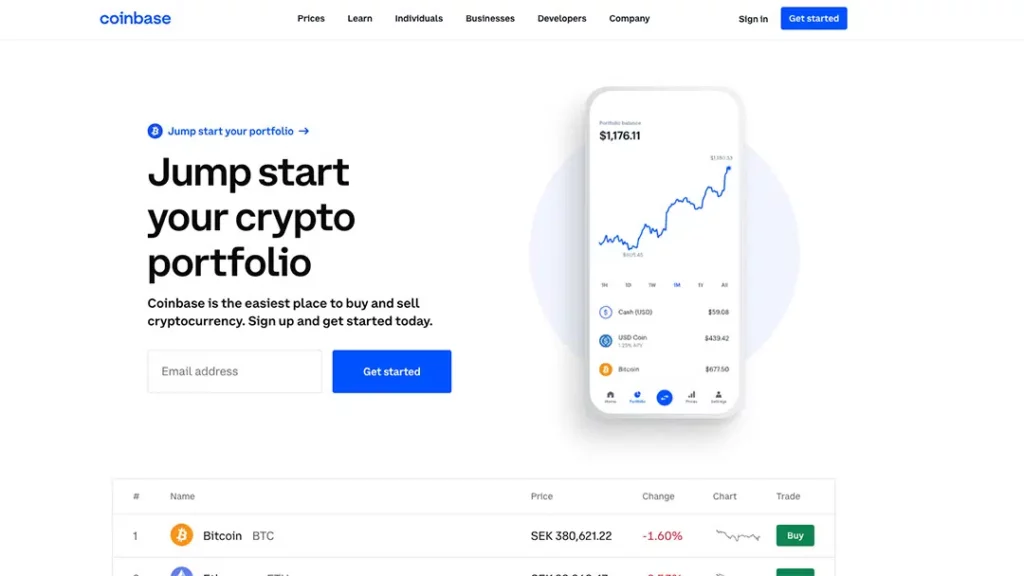 Coinbase homepage promoting crypto exchange services with signup form and mobile portfolio chart.