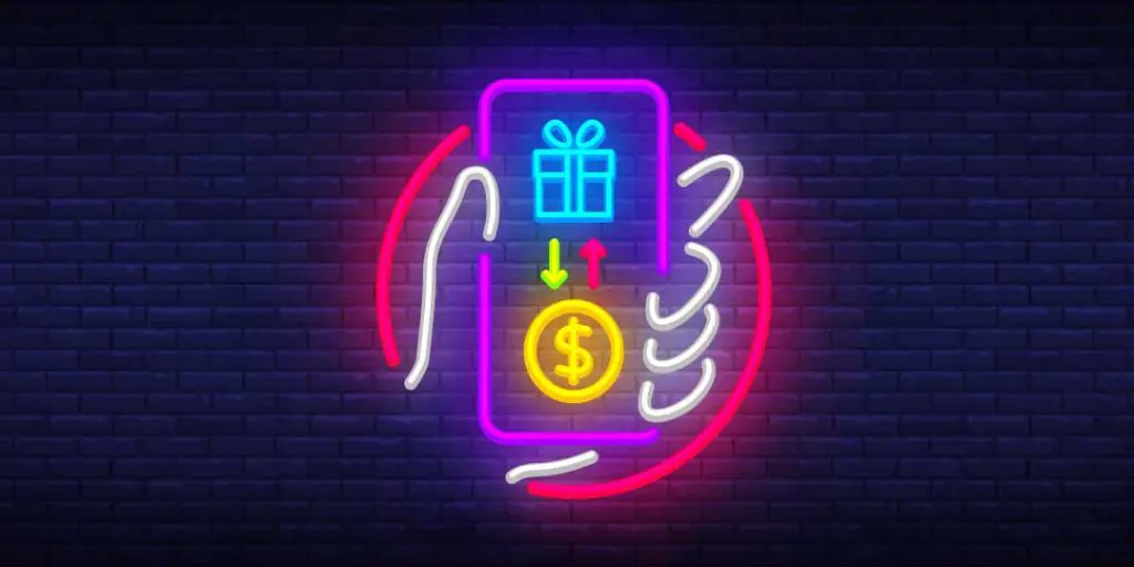 Neon illustration of a mobile casino bonus showing deposits, rewards, and free spins as part of a welcome package.