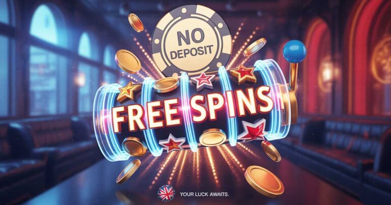 Illustration of a slot machine with glowing “Free Spins” text, casino chips, and golden coins, representing Free Spins On Registration No Deposit at UK online casinos.