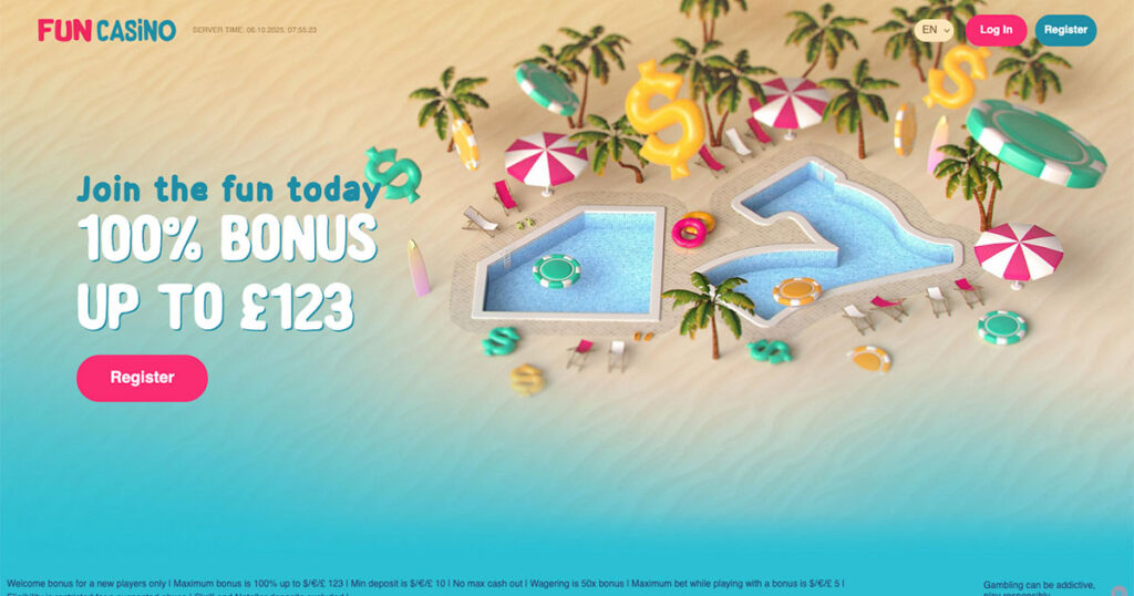 Fun Casino homepage showing a tropical beach theme with pools shaped like poker chips and dollar signs promoting a 100% bonus up to £123 for new players.