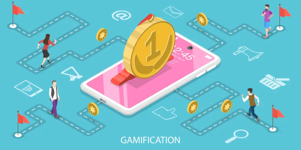 Gamification in online casinos showing players earning coins, rewards, and free spins through mobile gameplay.