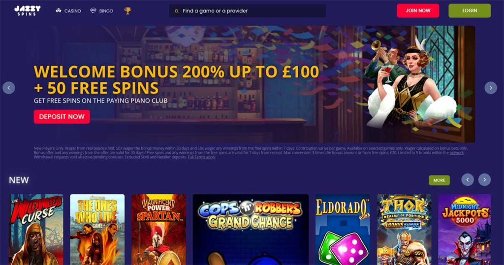 Jazzy Spins Casino homepage showing 200% welcome bonus up to £100 and 50 free spins offer for new players.