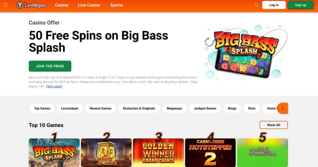 LeoVegas Casino homepage showing welcome offer of 50 free spins on Big Bass Splash slot for new players.