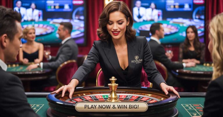 Live casino with professional dealers hosting blackjack and roulette tables in a modern studio setting.