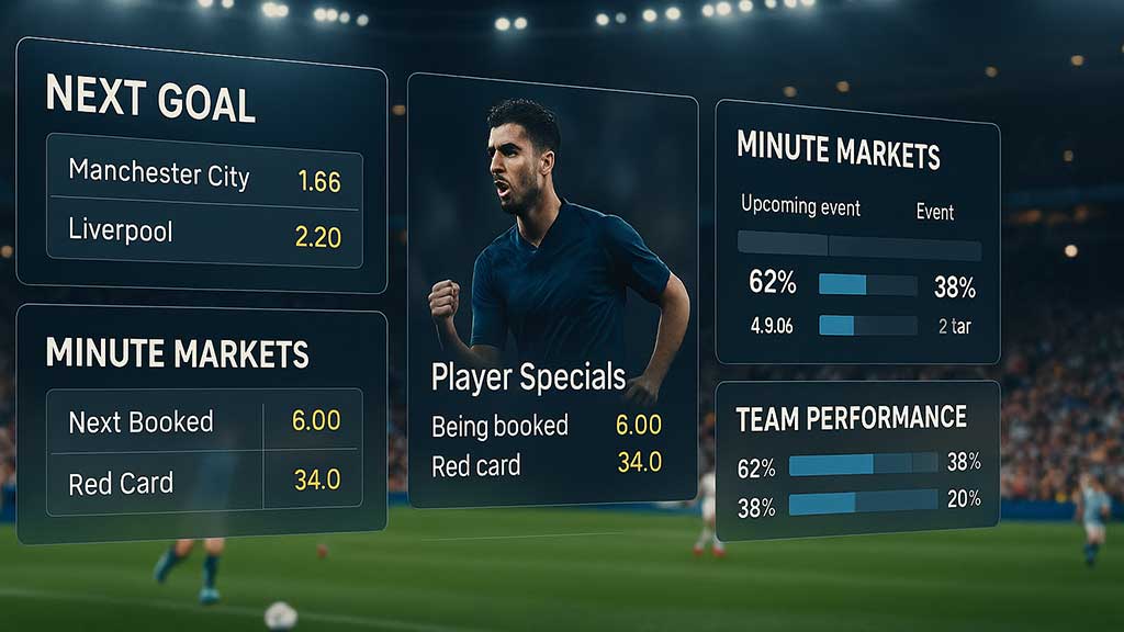 Live football betting interface showing markets for next goal, player specials, minute markets, and team performance during an in-play match.