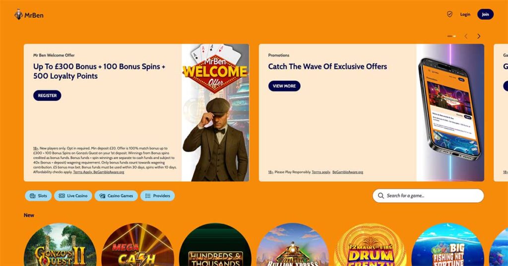 MrBen Casino homepage showing welcome offer of £300 bonus and 100 free spins with clean orange design and modern layout.