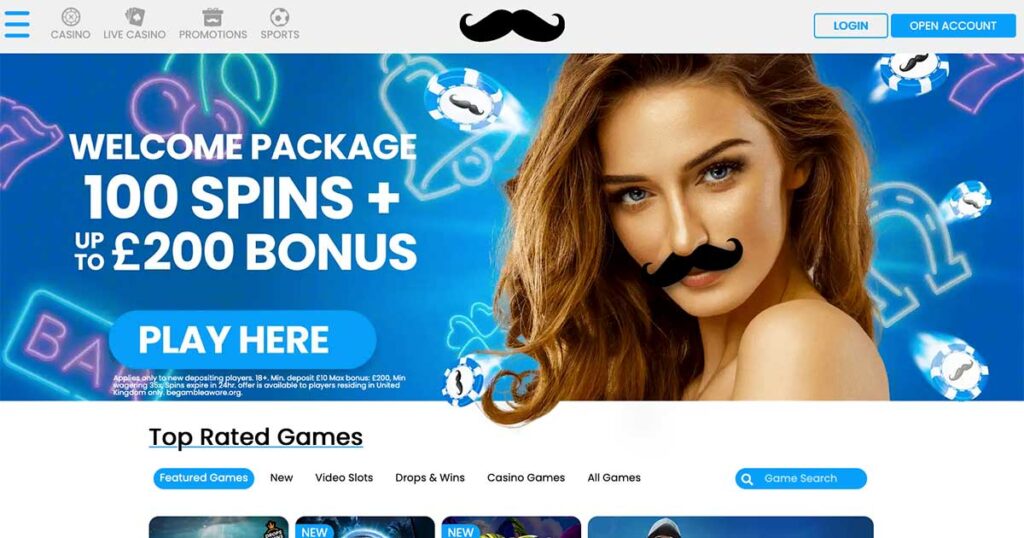 Mr Play Casino homepage showing 100 free spins and £200 welcome bonus offer for new players.