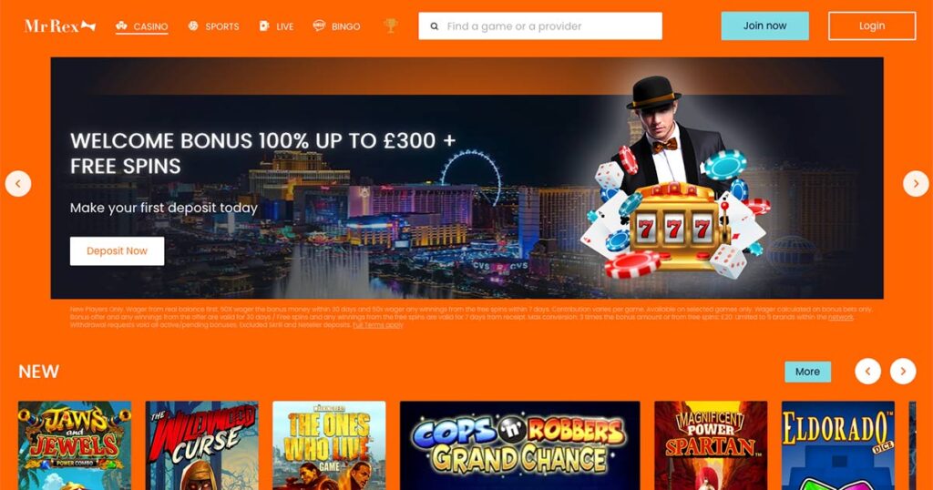 Mr Rex Casino homepage showing 100% welcome bonus up to £300 and free spins offer.