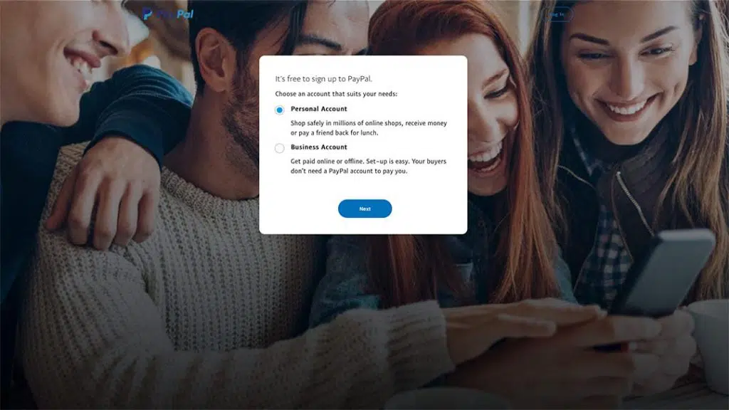 PayPal signup process on mobile phone showing personal and business account options.