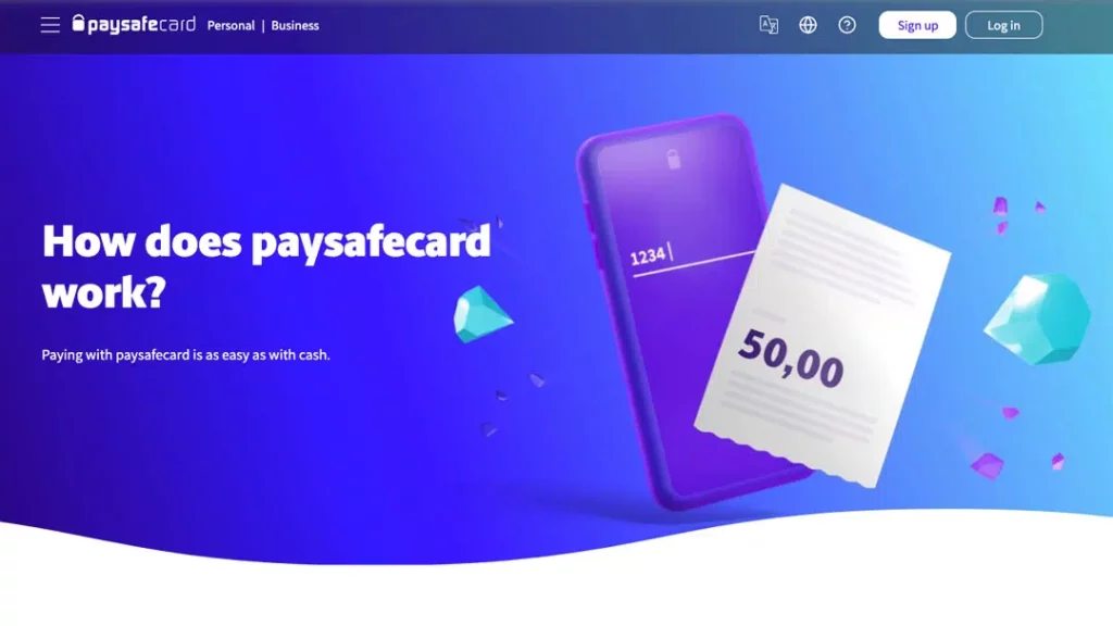 Paysafecard signup process illustration showing mobile phone and voucher with balance
