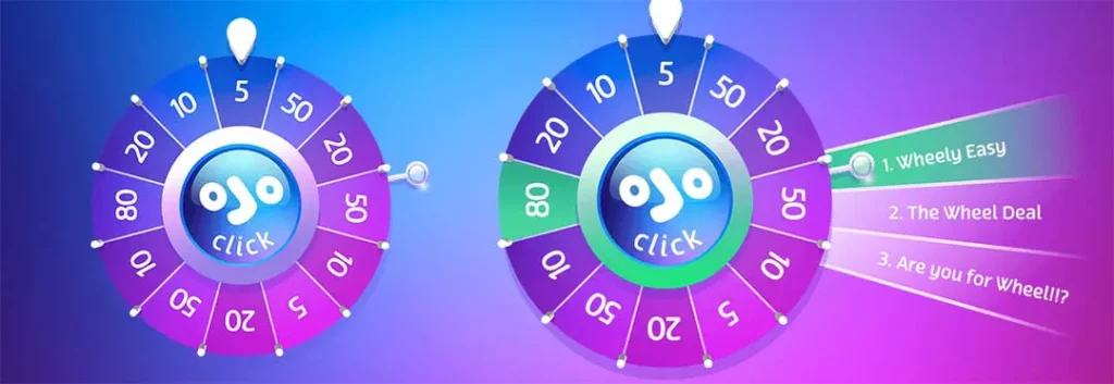 Two colorful OJO Wheels from PlayOJO Casino displaying bonus segments with values from 5 to 50, representing the Wheel of Rewards feature for players.