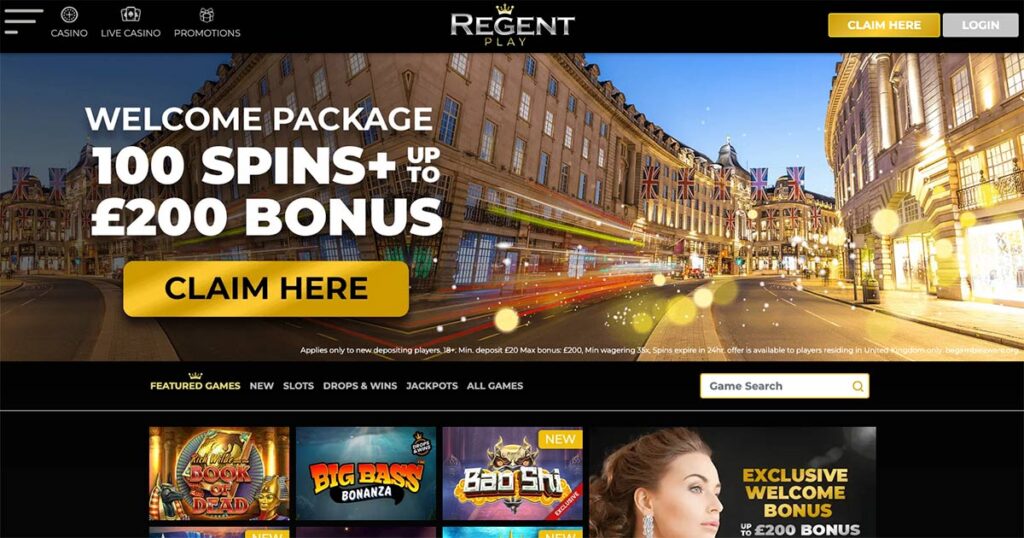 Screenshot of Regent Play Casino homepage showing a 100% welcome bonus up to £200 and 100 free spins promotion, with the Claim Here button displayed over a cityscape background featuring London’s Regent Street.