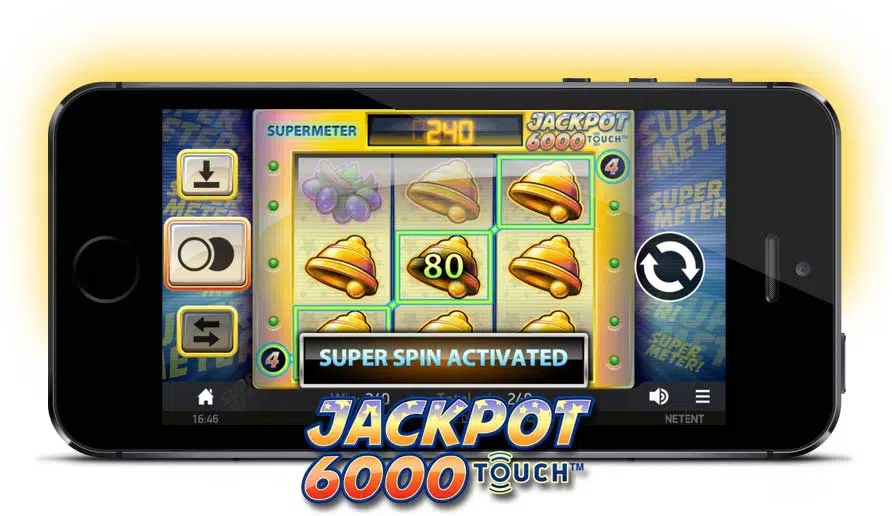 Jackpot 6000 Touch slot från NetEnt på mobilskärm med super spin aktiverad.