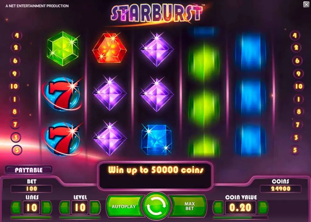 Starburst slot från NetEnt med färgglada ädelstenar – en av de mest populära online-slotarna någonsin.