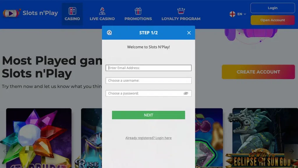 Sign-up form at Slots n’Play Casino showing the simple two-step registration process where players enter their email, username, and password.