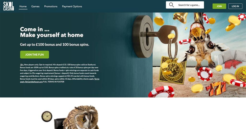 Skol Casino welcome offer page showing £100 bonus and 100 free spins promotion with giraffe and poker chips design.
