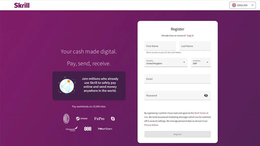 Skrill registration page with signup form for new users, showing how to join and use Skrill Casinos for online payments