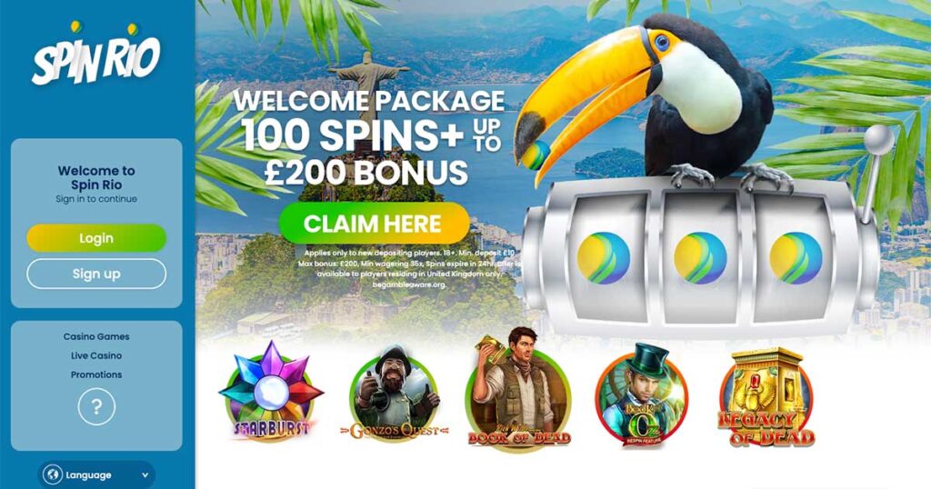 Homepage of Spin Rio Casino showing the welcome bonus offer of 100 spins plus up to £200 bonus, featuring a tropical theme with a toucan on a slot machine and popular slot titles like Starburst, Gonzo’s Quest, Book of Dead, and Legacy of Dead displayed below.