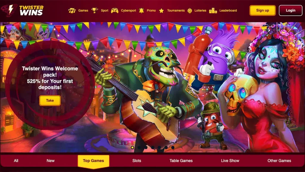 Twister Wins independent online casino homepage with welcome bonus offer and colorful game characters
