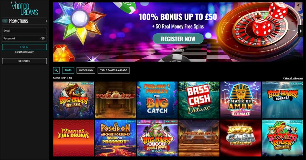 Voodoo Dreams Casino homepage showing login panel, slot games like Big Bass Bonanza and Book of Dead, and welcome offer of 100% up to £50 plus 50 free spins.