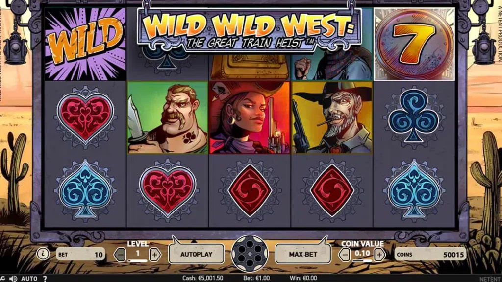 Screenshot of Wild Wild West: The Great Train Heist slot by NetEnt, showing reels with symbols and RTP of 96.74%.