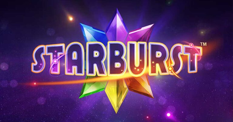 Starburst slot från NetEnt med färgstark bakgrund och spelets logotyp i mitten.
