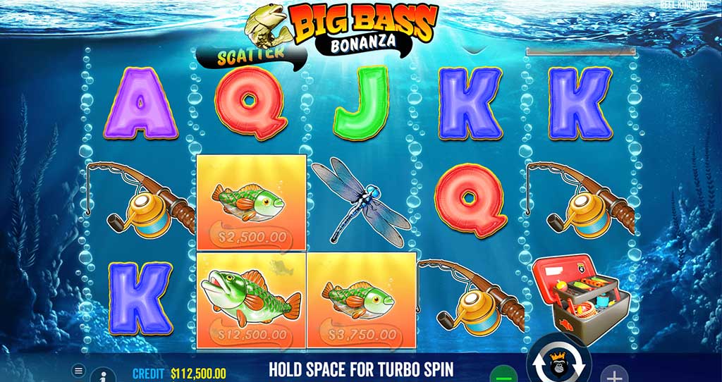 Screenshot of Big Bass Bonanza slot by Pragmatic Play showing colorful fish symbols and bonus reel features.

