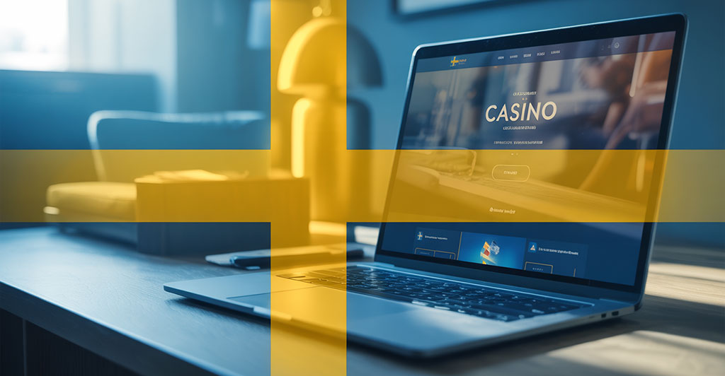 Fotorealistisk bild av svensk flagga framför laptop med casino-sajt, symbol för casinon med svensk licens.
