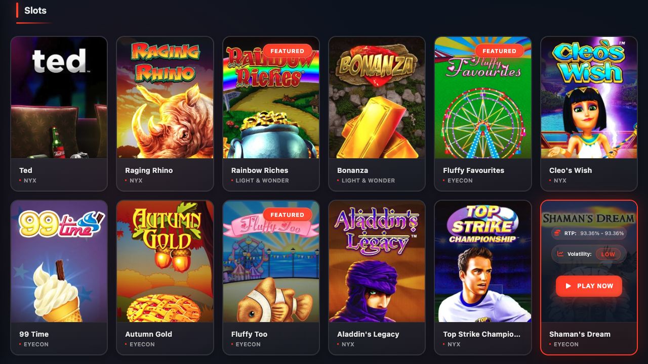 Betsuna slots lobby showing popular online slot games
