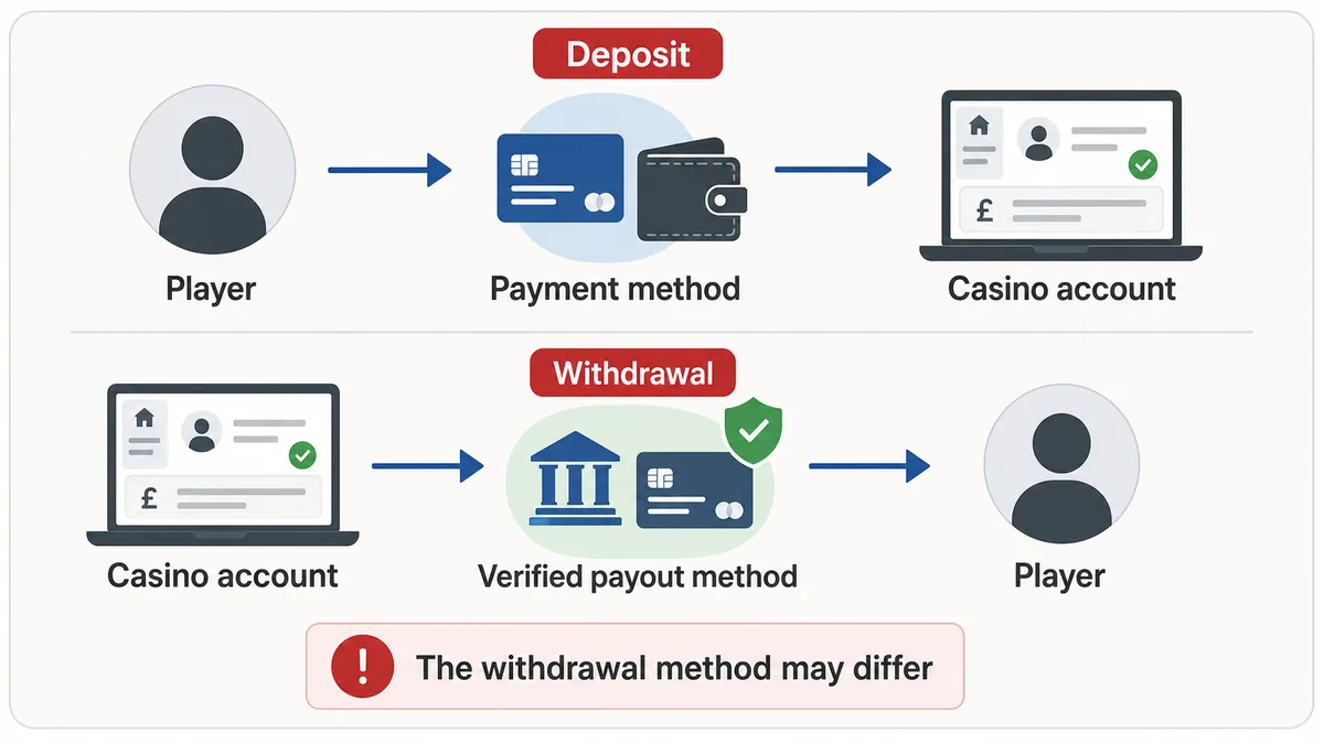 How casino deposits and withdrawals move between the player, payment method and casino account